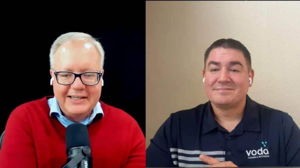 Scott Elliott and Dustin Kosterow in a split screen interview discussing the Voda Cleaning and Restoration Franchise.