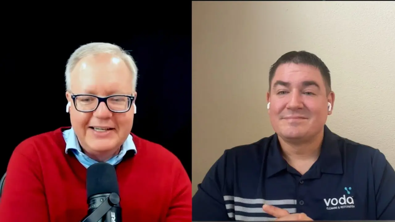 Scott Elliott and Dustin Kosterow in a split screen interview discussing the Voda Cleaning and Restoration Franchise.
