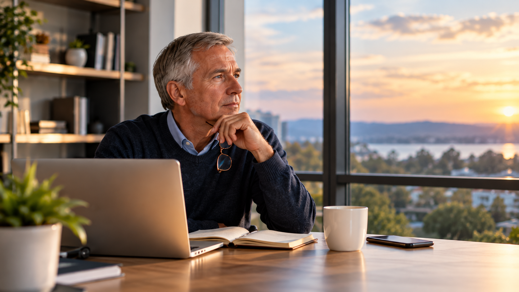 Experienced professional in his 60s sitting at a desk, thoughtfully looking out a window while considering a career change and new opportunities.